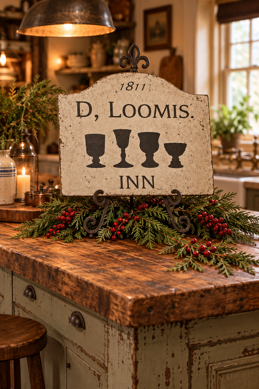 A rustic decorative sign reading '1811 D, LOOMIS. INN' with four goblet silhouettes, displayed on a wooden kitchen island with evergreen garland and red berries in a warm, softly lit interior.