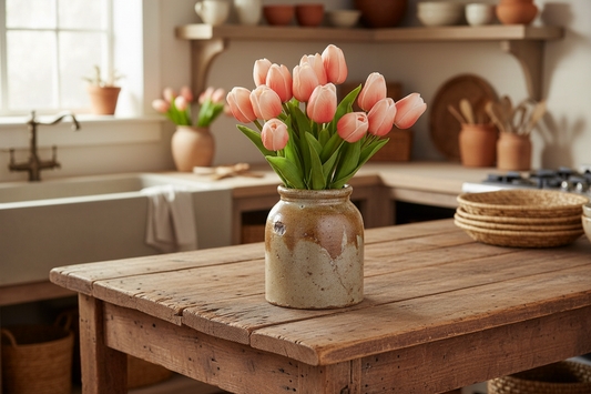 Pink tulips in a rustic vase on a wooden table in a kitchen.