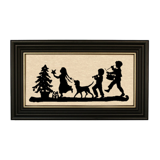 Silhouette of kids and dogs with tree in black frame