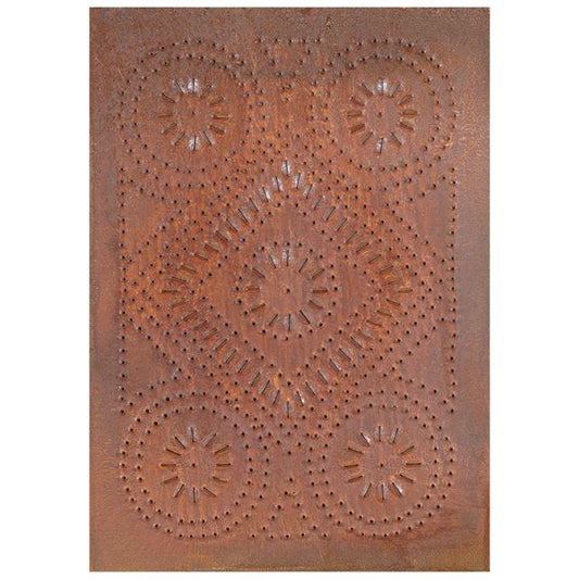 Diamond punched cabinet panel in rustic tin finish