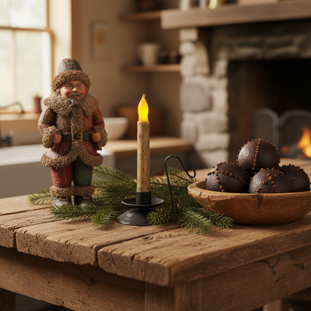 Decorative scene with a figurine, candle, and bowl on a wooden table in a cozy room.