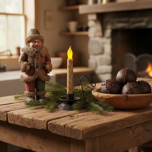 Decorative scene with a figurine, candle, and bowl on a wooden table in a cozy room.