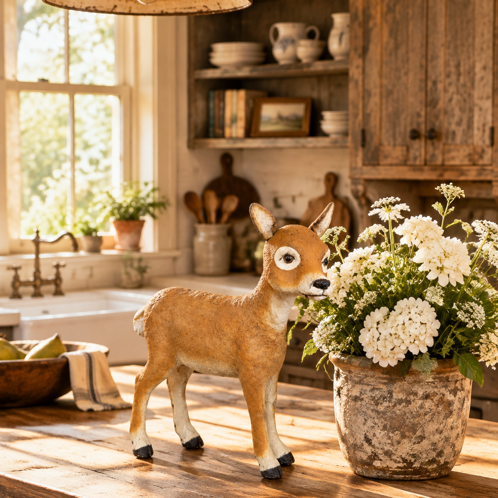 Papier mache doe in a sunny, primitive kitchen next to white flowers.
