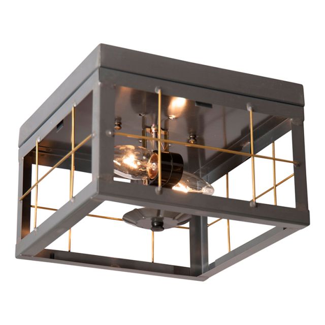 Primitive Flush Mount Double Ceiling Light with Brass Bars in Country Tin