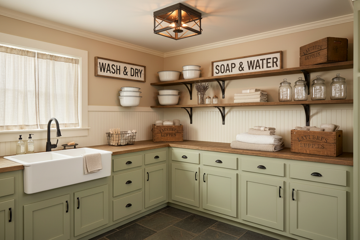 Tin light fixture in laundry room with wooden shelves, supplies, and decorative elements.