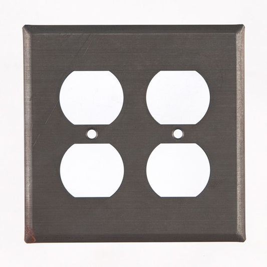 Double outlet cover in tin on white background.