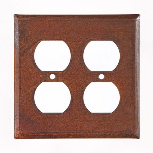 A double outlet cover with a rustic tin finish, featuring a matte lacquer protective coating, handcrafted in the USA.