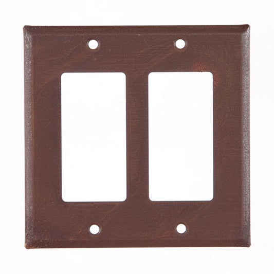 A double rocker switch cover made of rustic tin with a matte finish, featuring two rectangular cutouts for switches.