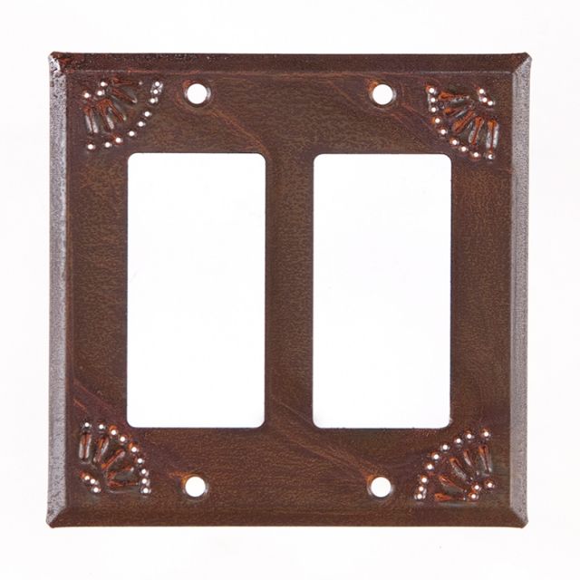 A rustic style double rocker switch cover made of tin with a chisel design, featuring a matte lacquer protective coating.