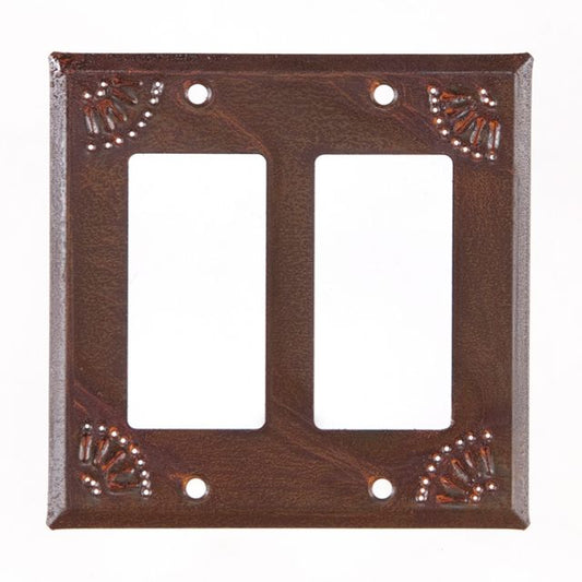A rustic style double rocker switch cover made of tin with a chisel design, featuring a matte lacquer protective coating.