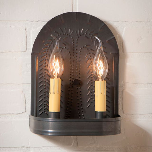 Tin sconce with two candelabra bulbs with willow tree design