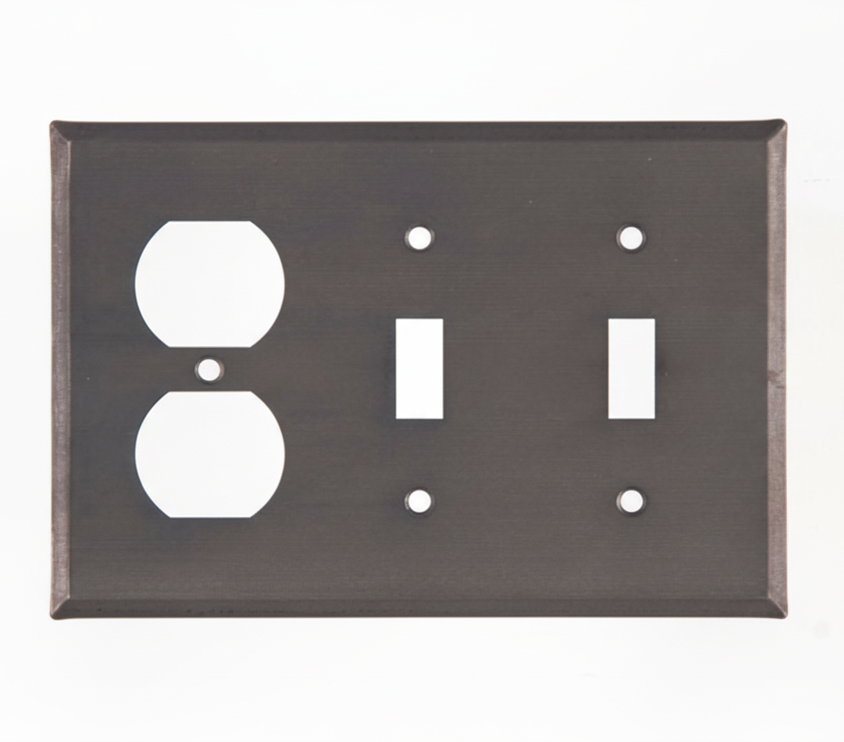 Metallic wall plate with two toggle switches and one outlet on a white background