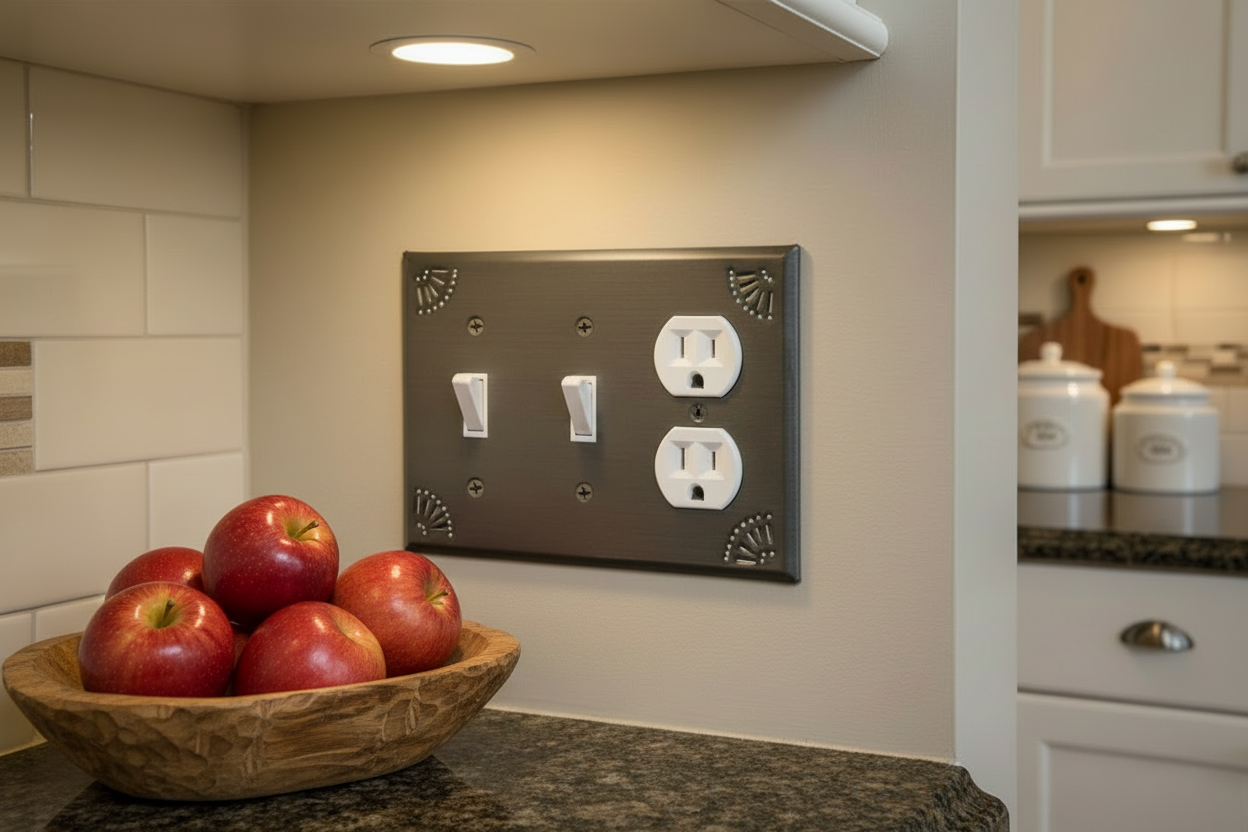 Decorative wall plate with outlets in a kitchen setting