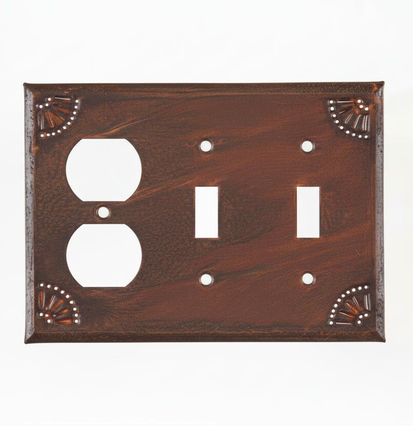 Brown wooden switch plate with three outlets on a white background