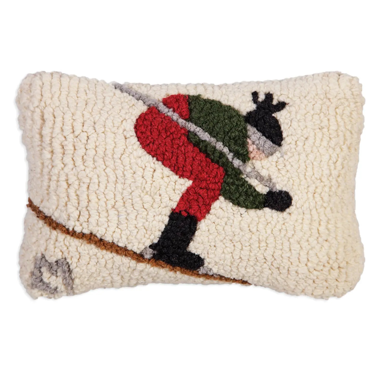 Decorative pillow with a skier design on a white background