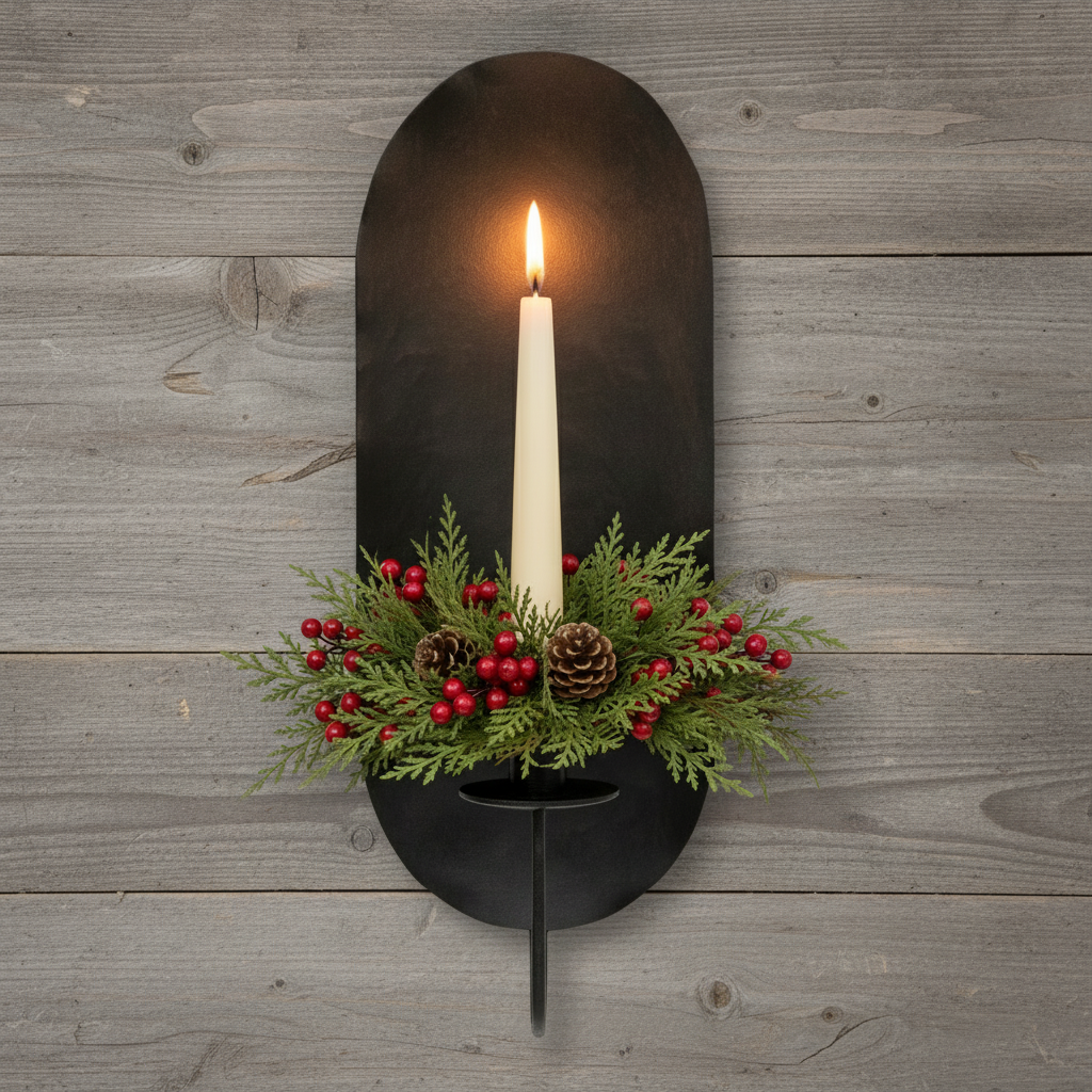 Decorative wall sconce with a candle and festive greenery on a white background