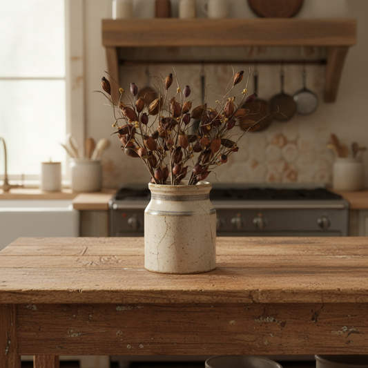 Crock holding fall florals.