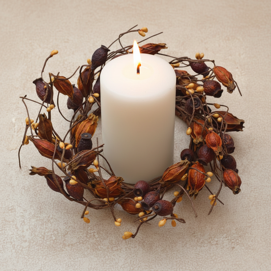 Decorative wreath with a white candle on a beige background