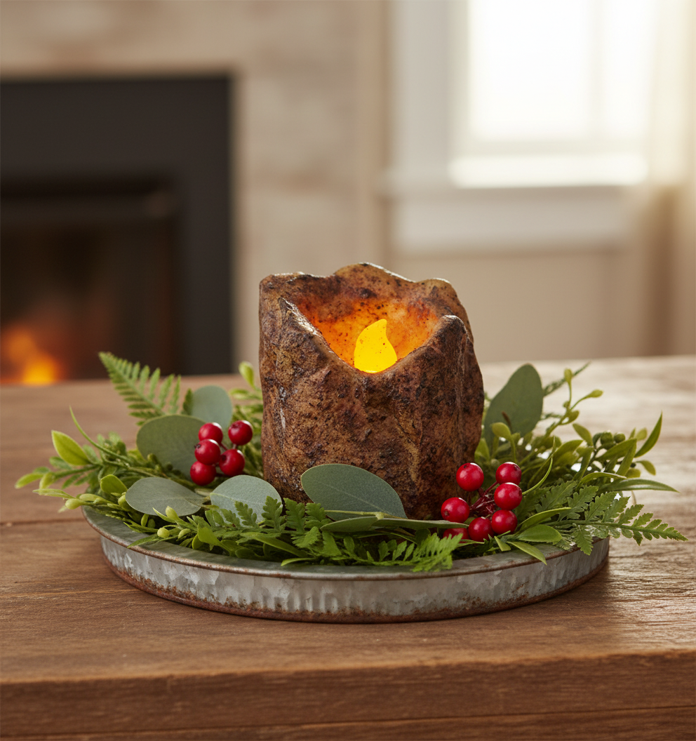 Decorative candle holder with greenery and berries on a wooden surface, fireplace in the background