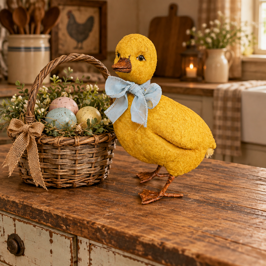 A yellow felt duck decoration wearing a light blue ribbon bow stands on a rustic wooden table next to a woven basket filled with pastel eggs and greenery, in a cozy kitchen setting.