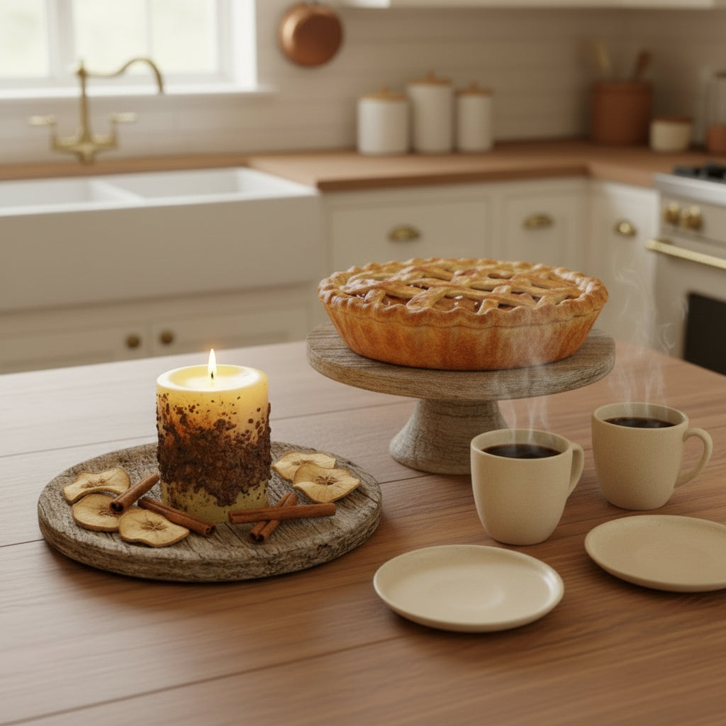 Pie on a stand with two steaming cups of coffee and a candle on a wooden table in a kitchen.
