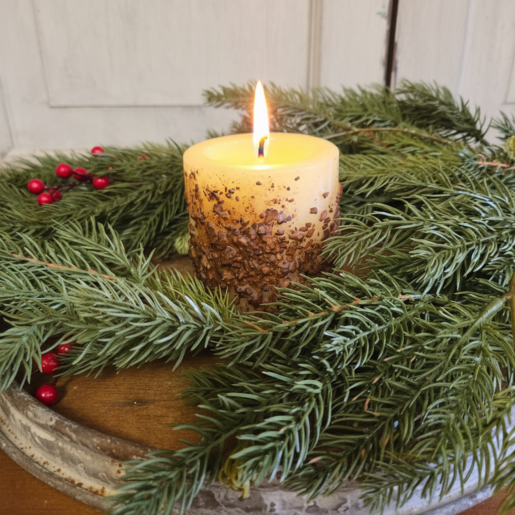 Candle in a decorative wreath with greenery and berries on a wooden surface.
