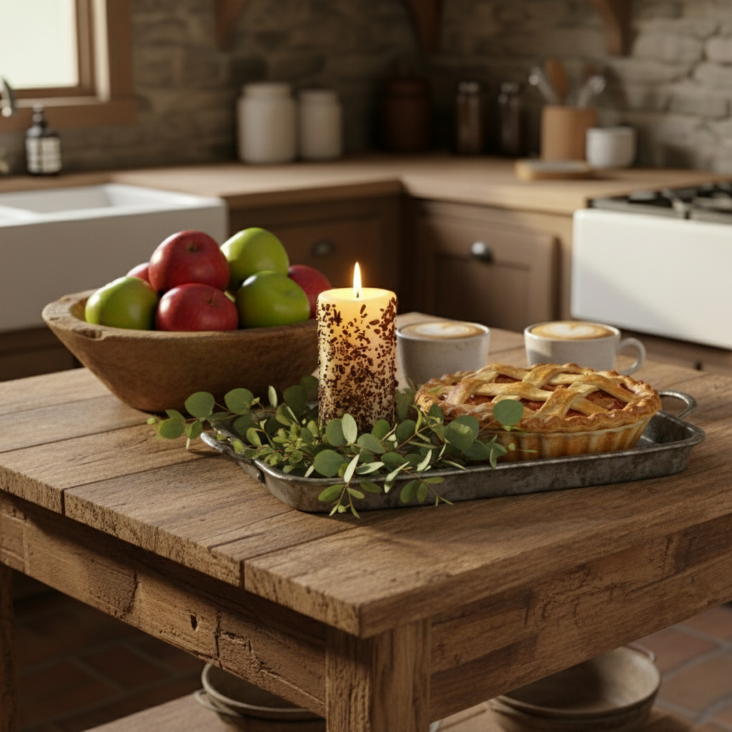 Wooden table with a bowl of apples, pie, and candles in a kitchen setting