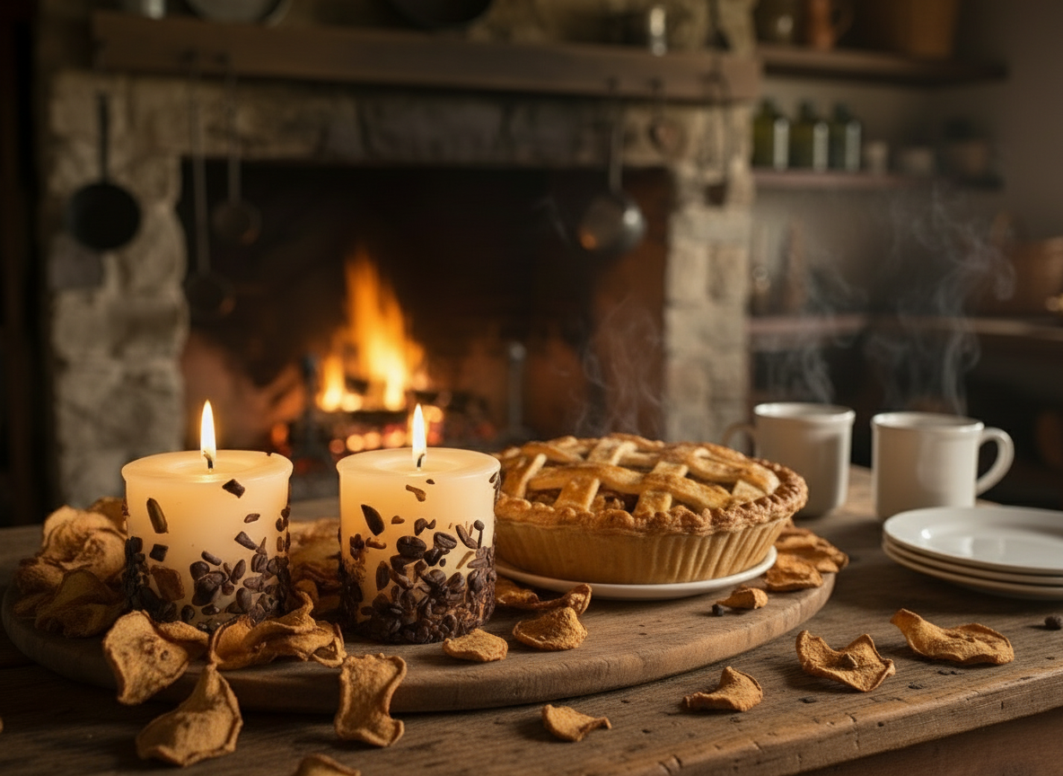Pie on a wooden table with lit candles and a fireplace in the background
