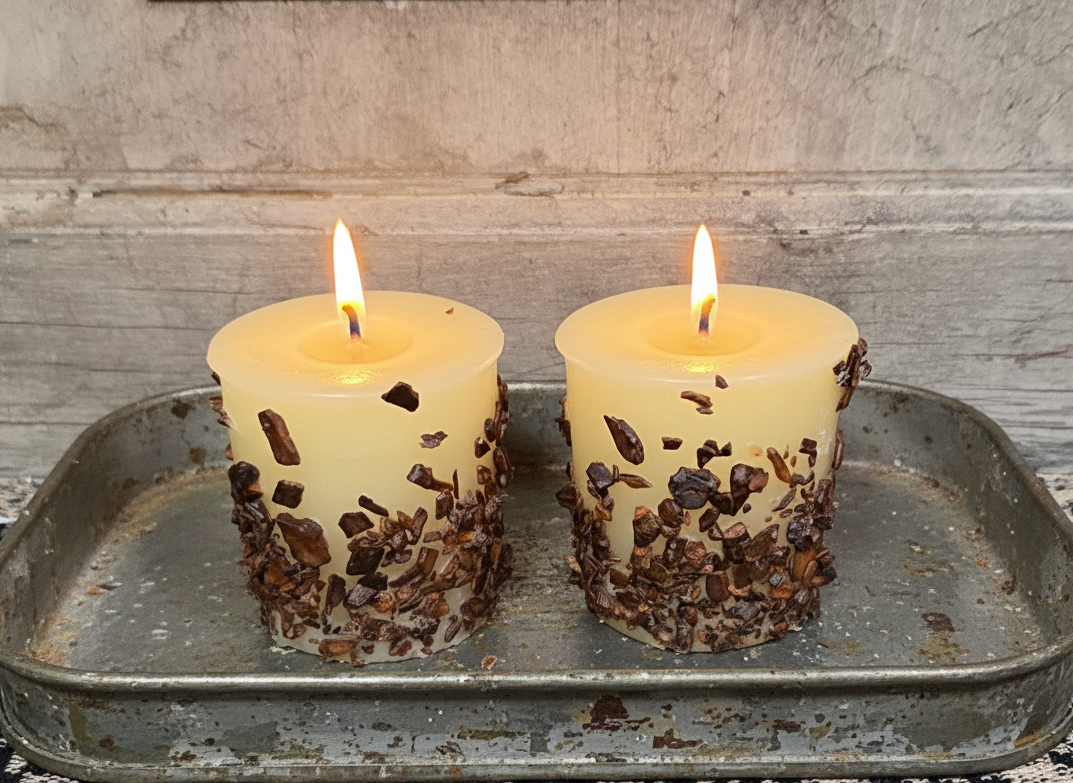 Two lit candles with decorative bases on a metal tray against a textured wall.