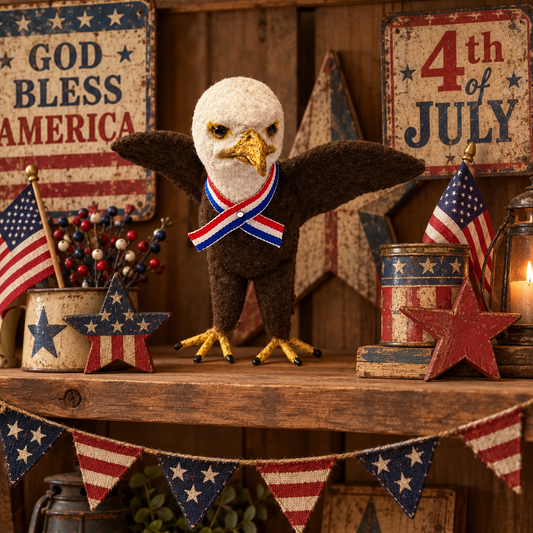 A decorative brown plush eagle figurine with spread wings, wearing a red, white, and blue striped neckerchief, displayed on a wooden shelf among patriotic signs, American flags, a candle, and rustic holiday decor.