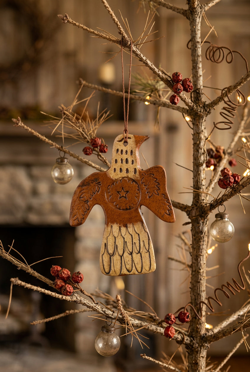 Eagle-shaped redware ornament with brown outstretched wings, a cream-colored head and tail, etched feather details, and a hanging cord.