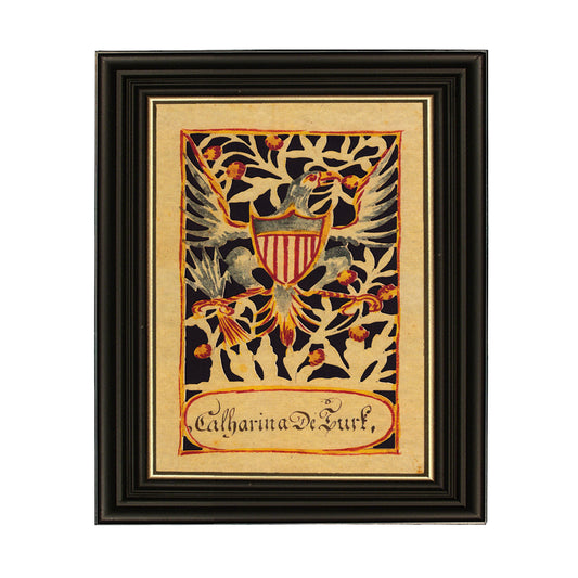 A framed scherenschnitte paper cutting featuring an eagle with a shield breastplate, surrounded by a floral pattern, with a black frame and a glass cover.