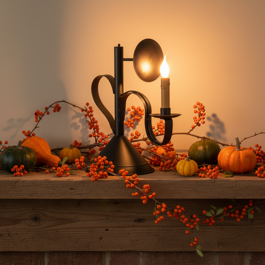 A black metal table lamp with a sculptural curved frame, featuring a dome shade and a candle-style bulb holder with a lit yellow flame, set against a plain light gray background.