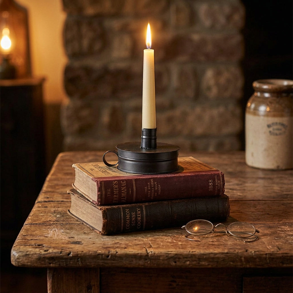 Black tinder box candle holder with a lit ivory taper, displayed on antique books on a rustic wooden table.