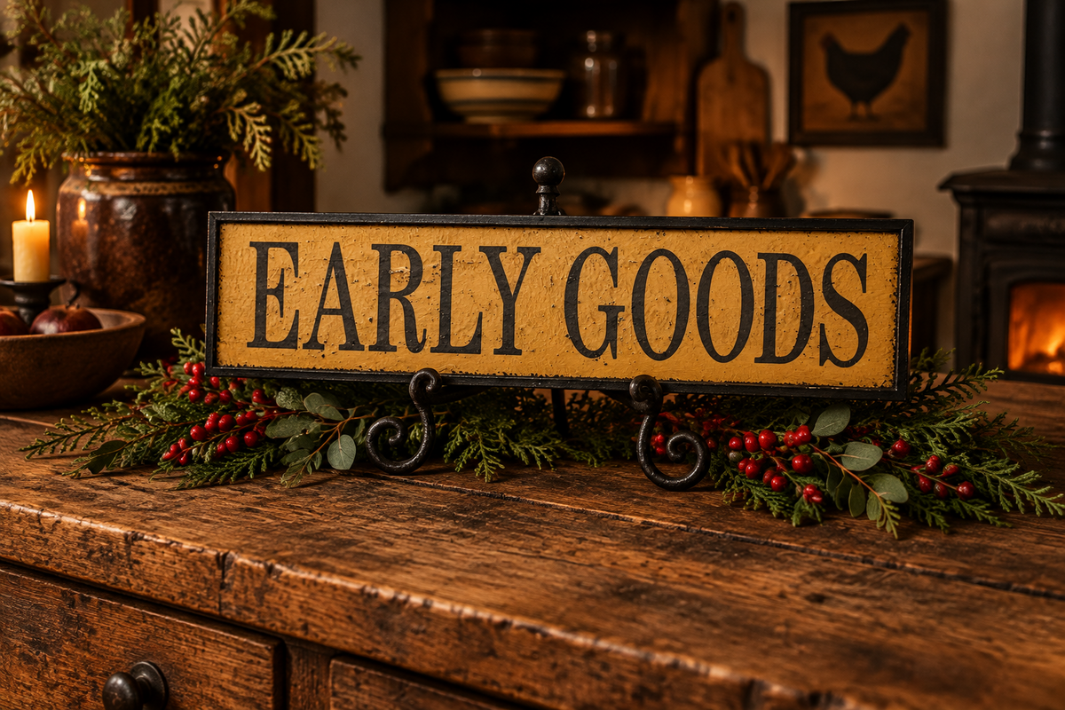 A rustic wooden sign reading “EARLY GOODS” in black lettering on a weathered beige wood panel, displayed on a dark wood table with holiday greenery and red berries in a cozy indoor setting.