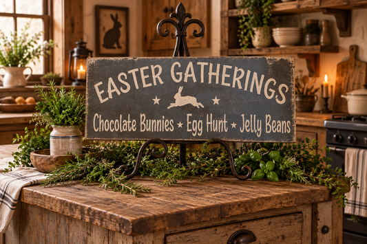 A rustic wooden sign reading “EASTER GATHERINGS” with “Chocolate Bunnies * Egg Hunt * Jelly Beans” below, displayed on a wooden counter in a cozy decorated kitchen setting.