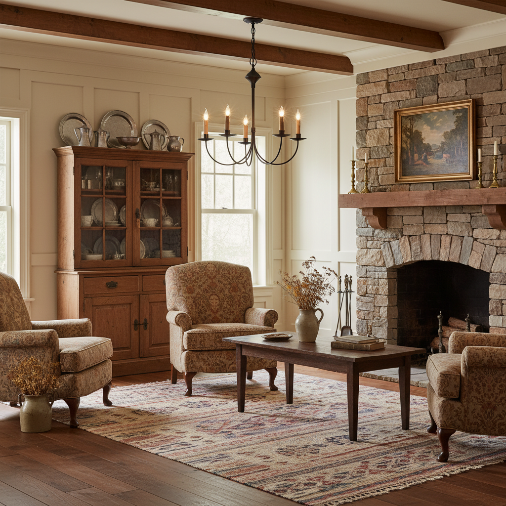 Cozy living room with stone fireplace, wooden furniture, and decorative elements.