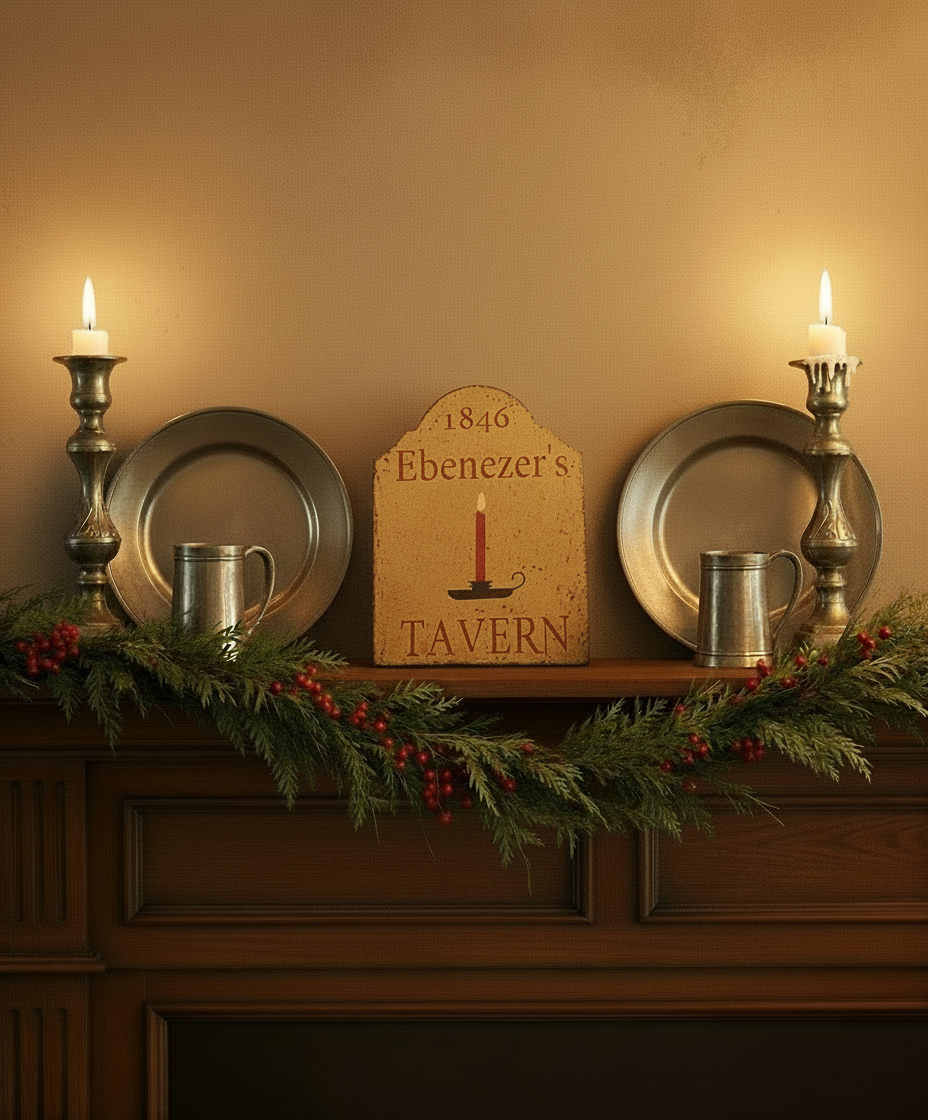 Decorative sign for 'Ebenezer's Tavern' with candles and plates on a wooden surface.
