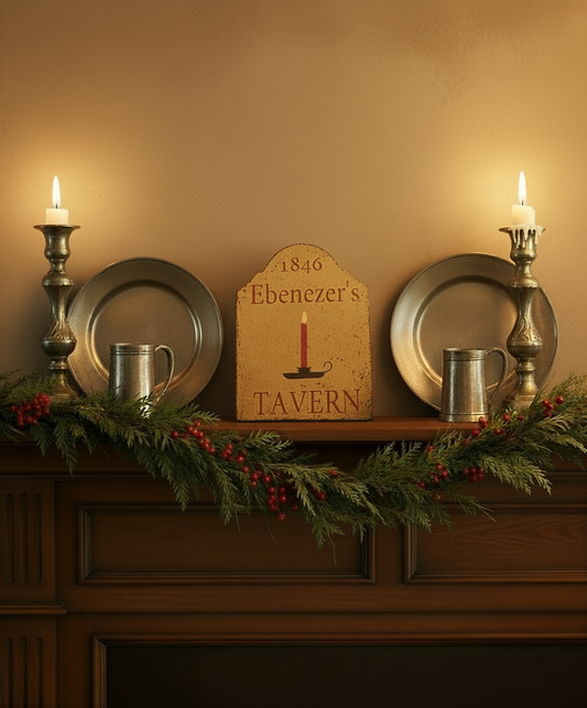 Decorative sign for 'Ebenezer's Tavern' with candles and plates on a wooden surface.