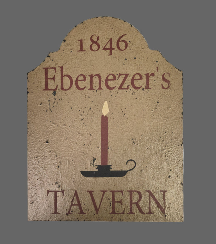 Decorative sign for Ebenezer's Tavern from 1846 with a candle design.