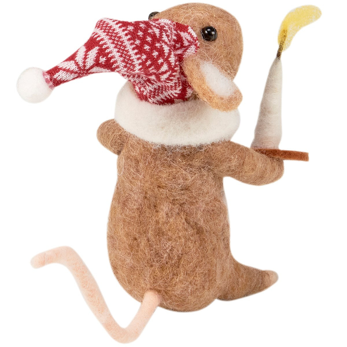 Back view of felted mouse in a red hat holding a candle on a white background.
