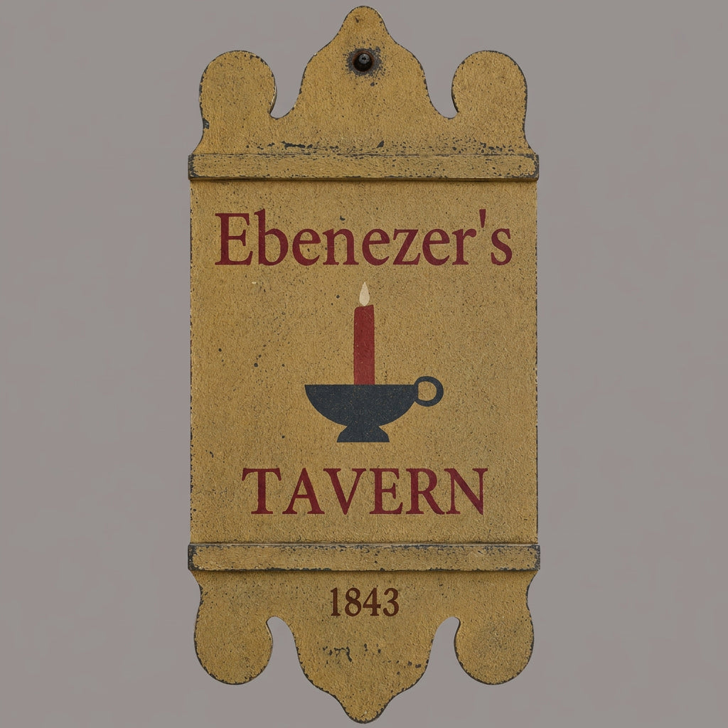 A vintage wooden tavern sign for 'Ebenezer's Tavern' with '1843' printed at the bottom, featuring a central candle in a mug icon. The sign has a weathered tan-brown wood finish with dark red lettering and is photographed against a dark background.