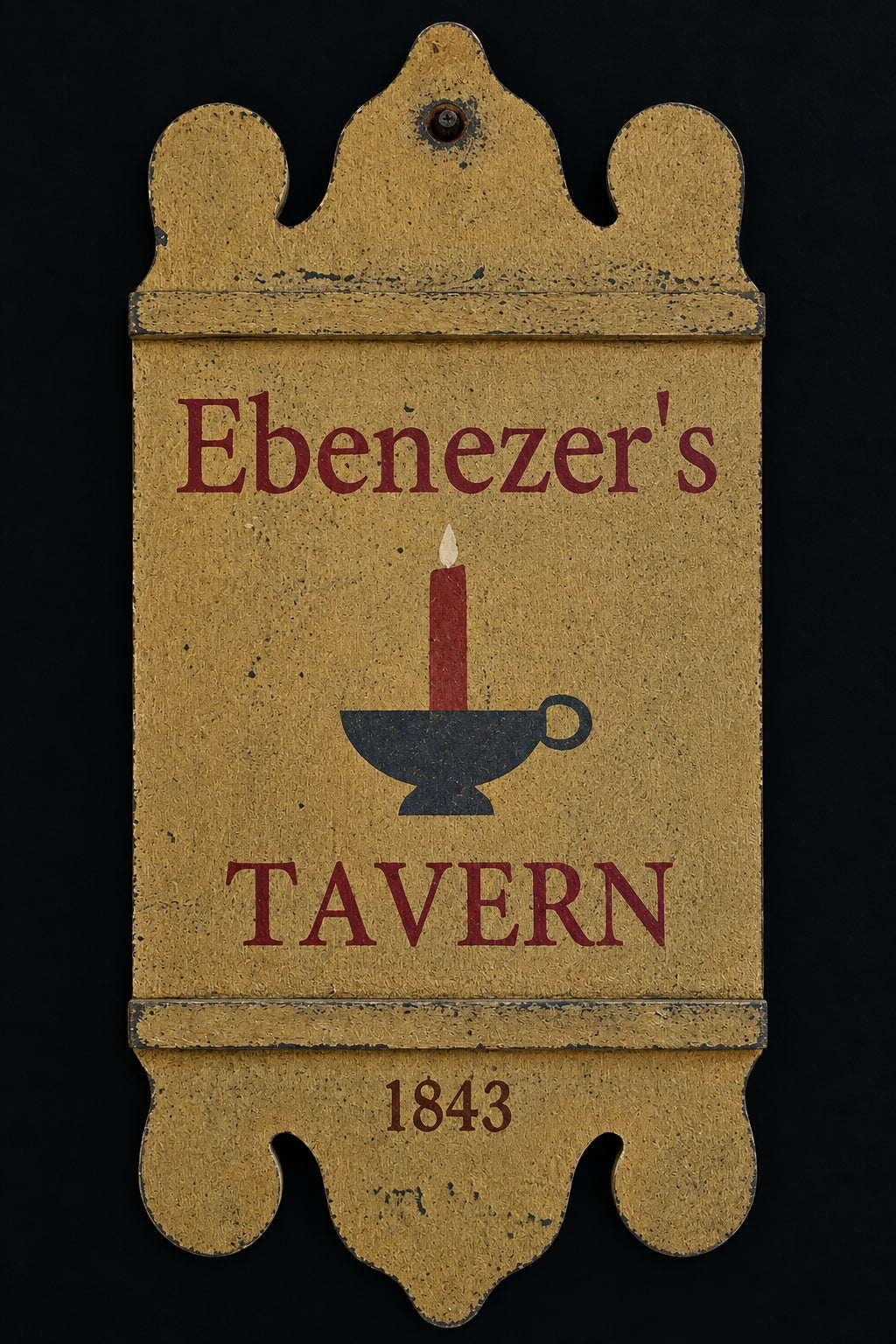 A vintage wooden tavern sign for 'Ebenezer's Tavern' with '1843' printed at the bottom, featuring a central candle in a mug icon. The sign has a weathered tan-brown wood finish with dark red lettering and is photographed against a dark background.