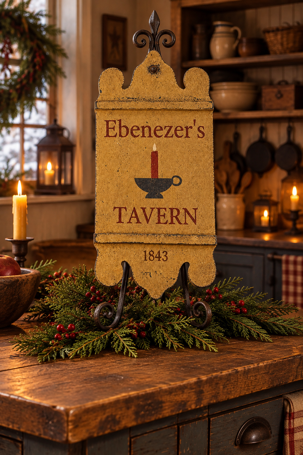 A rustic wooden sign reading 'Ebenezer's Tavern 1843' with a candle graphic, displayed on a wooden table in a cozy decorated room with candles, greenery, and shelves in the background.