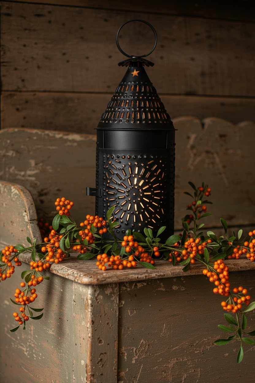 A black metal lantern with intricate cutout patterns and a hanging loop, styled on a rustic wooden ledge with orange berries against a weathered wood background.