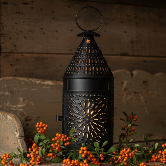 A black metal lantern with intricate cutout patterns and a hanging loop, styled on a rustic wooden ledge with orange berries against a weathered wood background.
