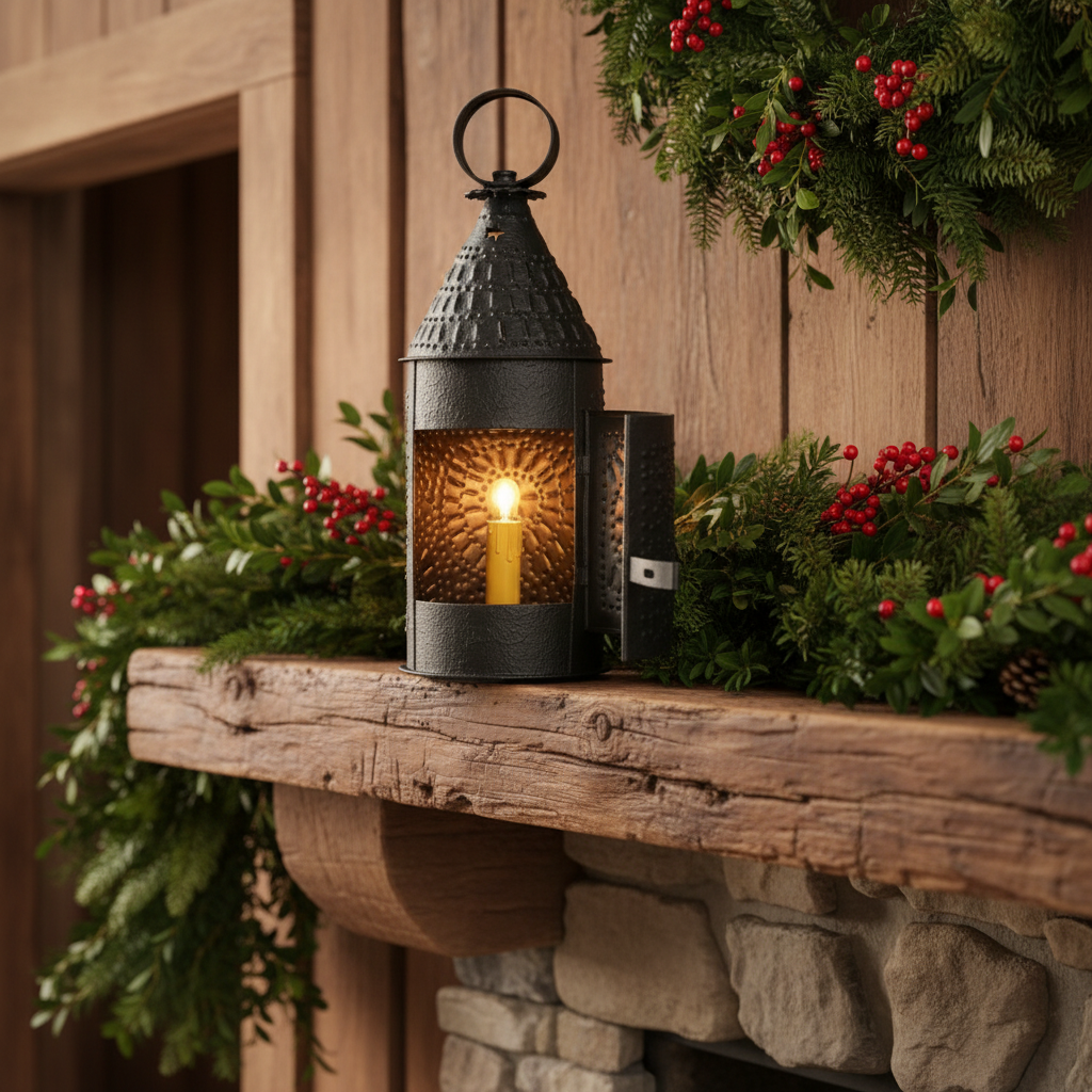 Decorative lantern with a lit candle on a wooden mantel with Christmas greenery.