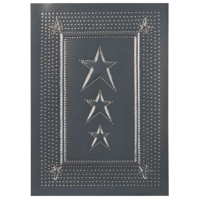 A rectangular metal panel with embossed star designs and a country tin finish.