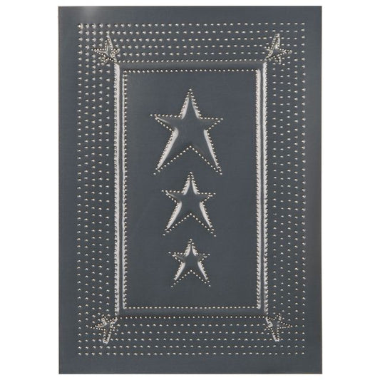 A rectangular metal panel with embossed star designs and a country tin finish.