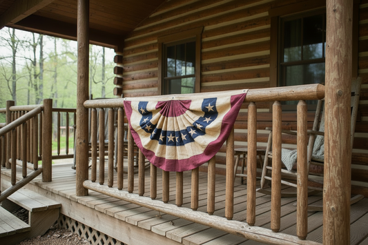 Log cabin with a decorative American flag on the porch railing.